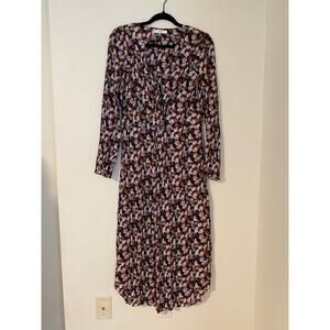 Vince $425 Micro Painted Floral Twist Drape Midi Dress Long Sleeve Pleated Pink